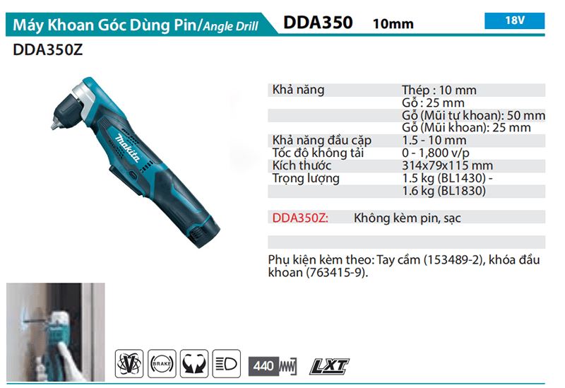 Máy khoan góc Makita DDA350Z dùng pin (18V)