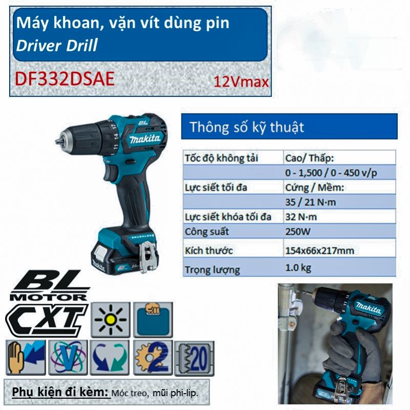 Máy khoan vặn vít Makita DF332DSAE dùng pin 12V