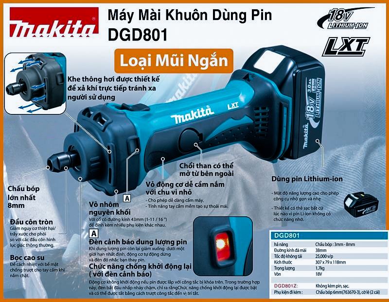 Máy mài khuôn Makita DGD801Z (8mm) dùng pin (18V)
